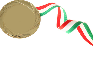 Gold medal and ribbon on white background. Space for design