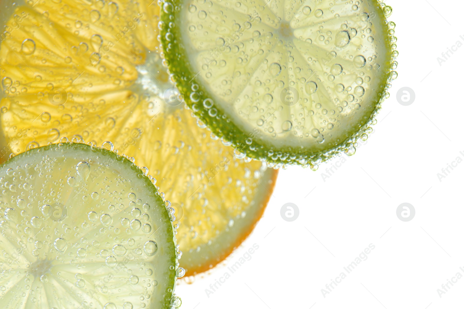 Photo of Slices of citrus fruits in sparkling water on white background, closeup