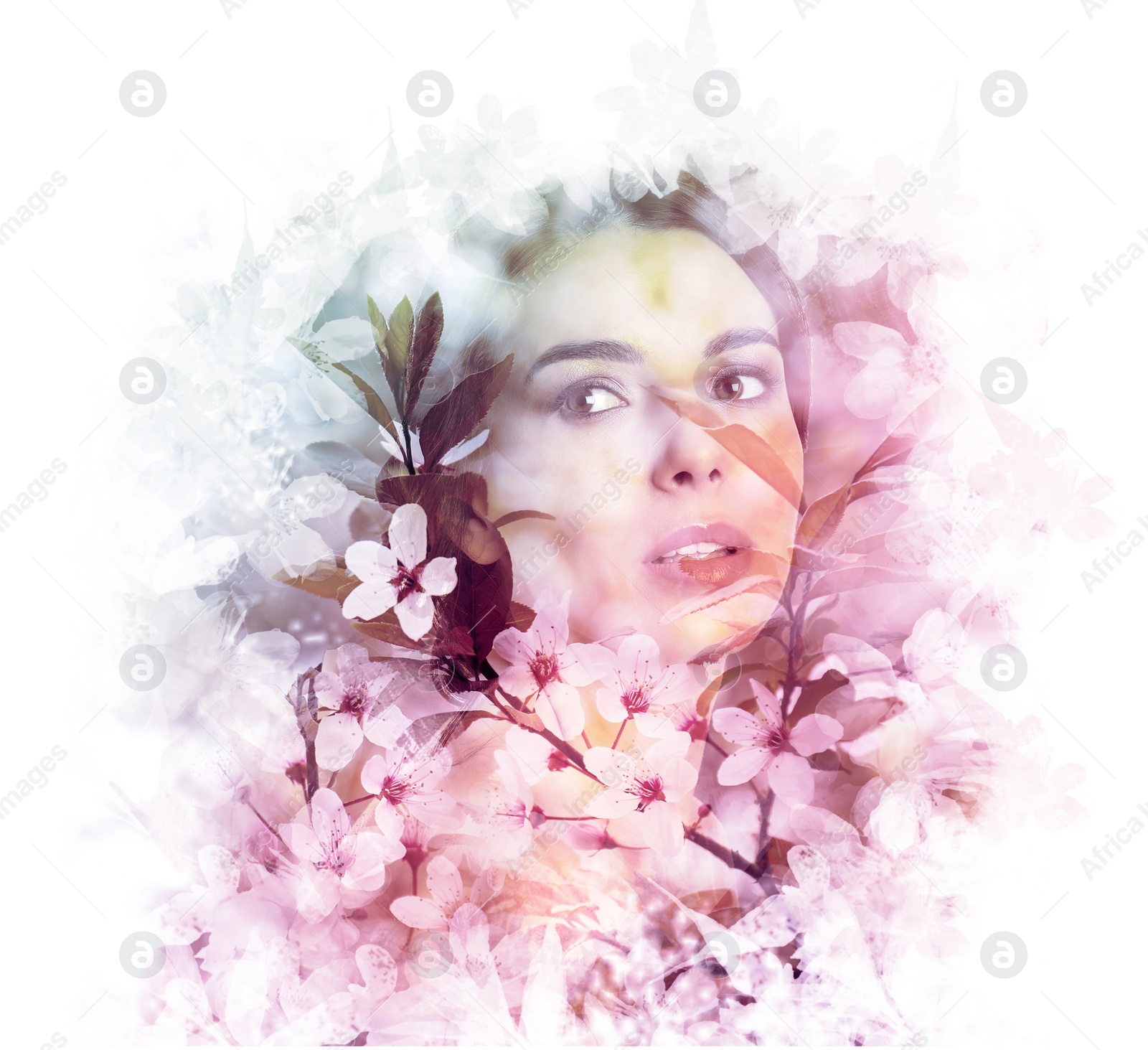 Image of Double exposure of beautiful woman and blooming flowers