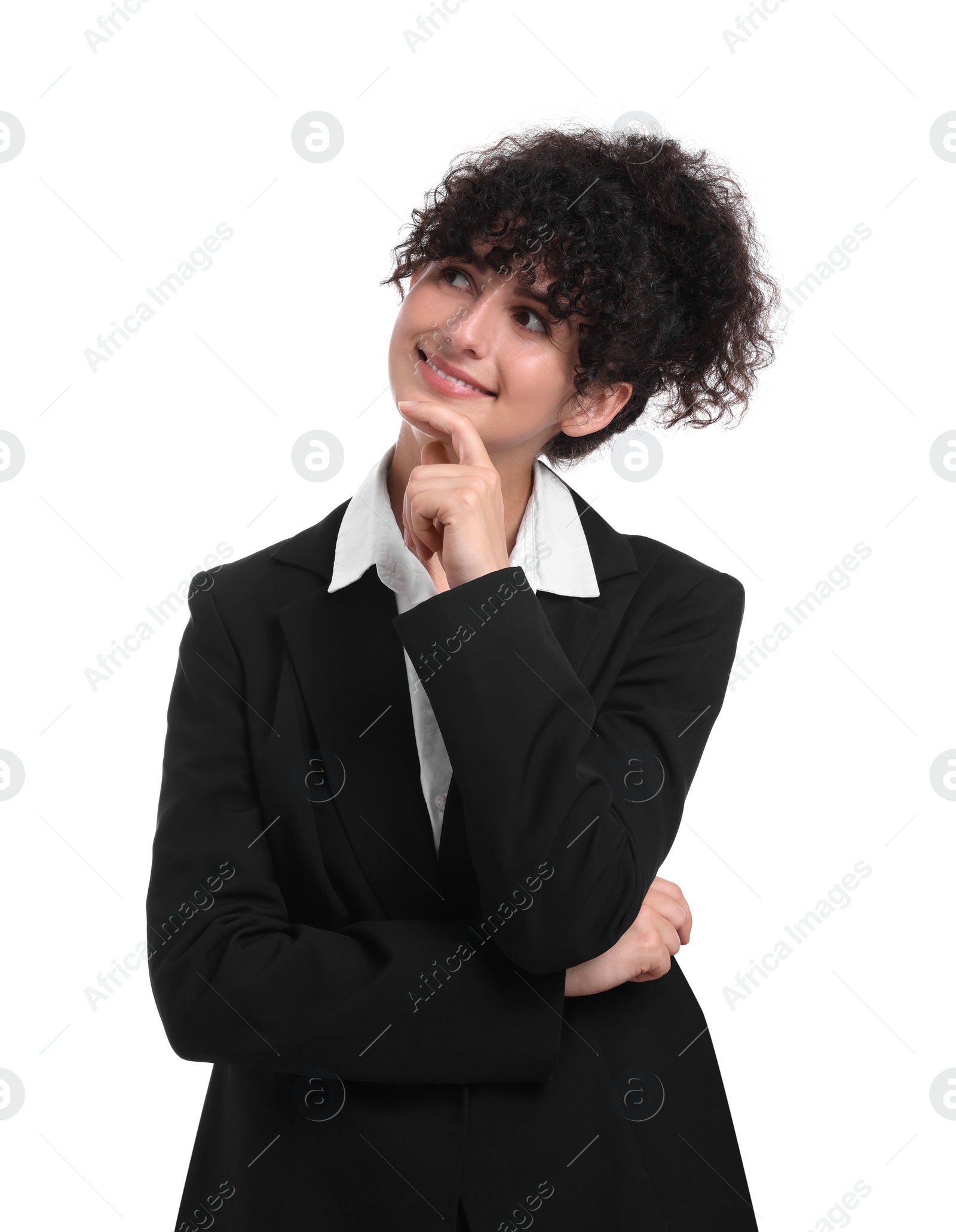 Photo of Beautiful young businesswoman in suit on white background