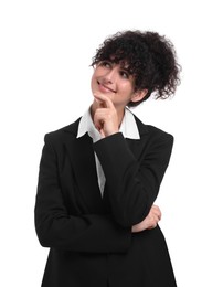 Beautiful young businesswoman in suit on white background