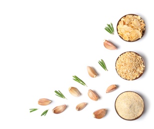 Photo of Cloves, rosemary and bowls with different dried garlic on white background