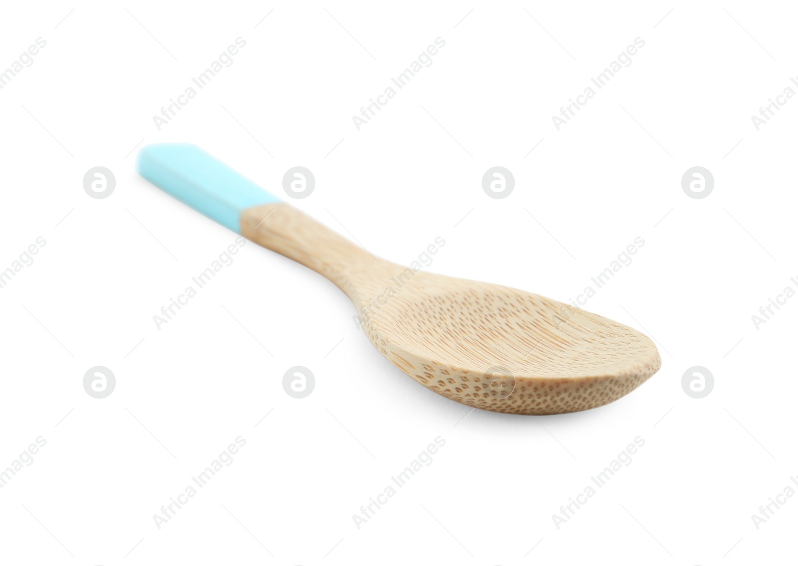 Photo of Wooden spoon with light blue handle isolated on white. Cooking utensil