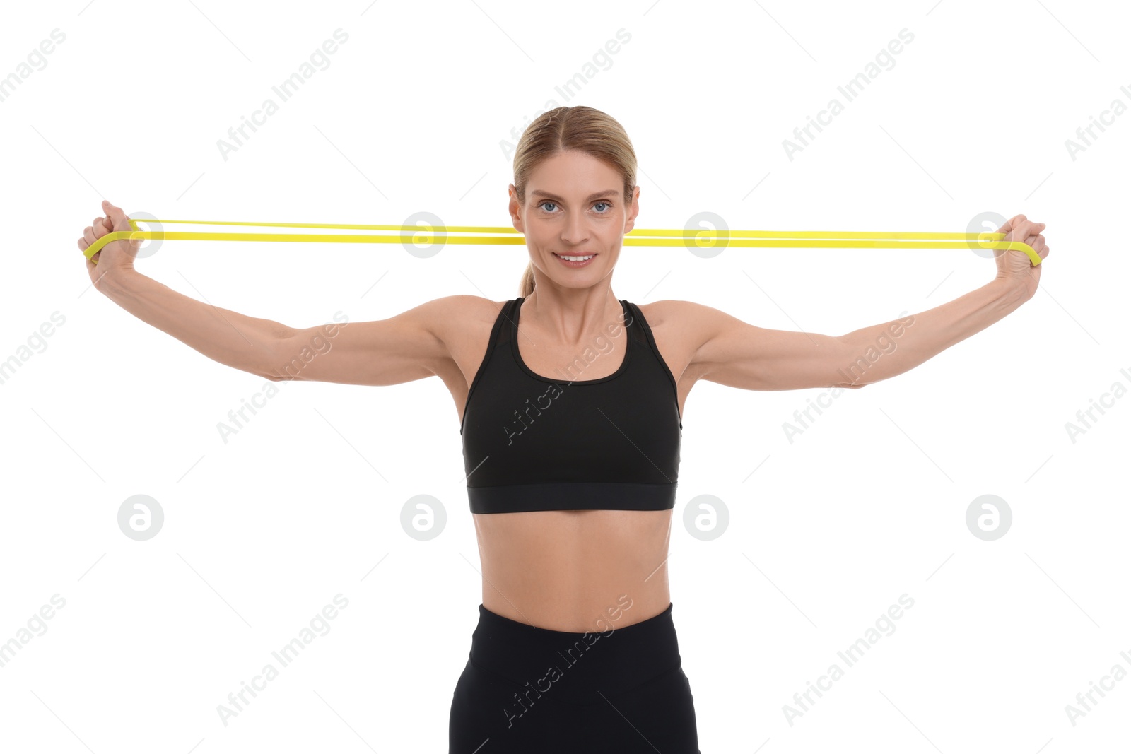 Photo of Woman exercising with elastic resistance band on white background