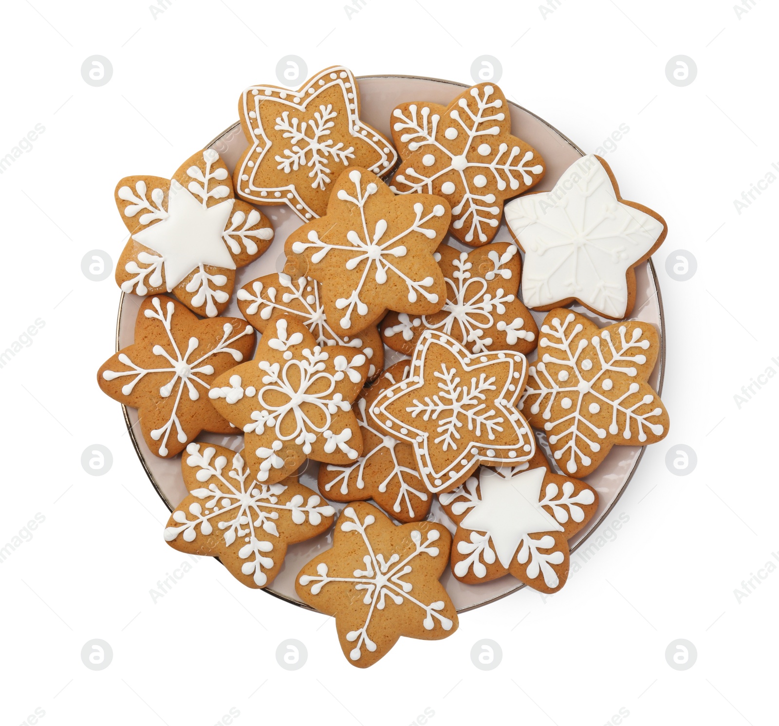 Photo of Tasty star shaped Christmas cookies with icing isolated on white, top view