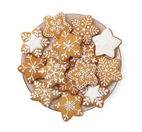 Photo of Tasty star shaped Christmas cookies with icing isolated on white, top view