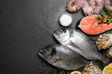 Photo of Fresh dorado fish and other seafood on black slate background, flat lay. Space for text