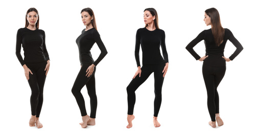 Collage of woman wearing thermal underwear isolated on white