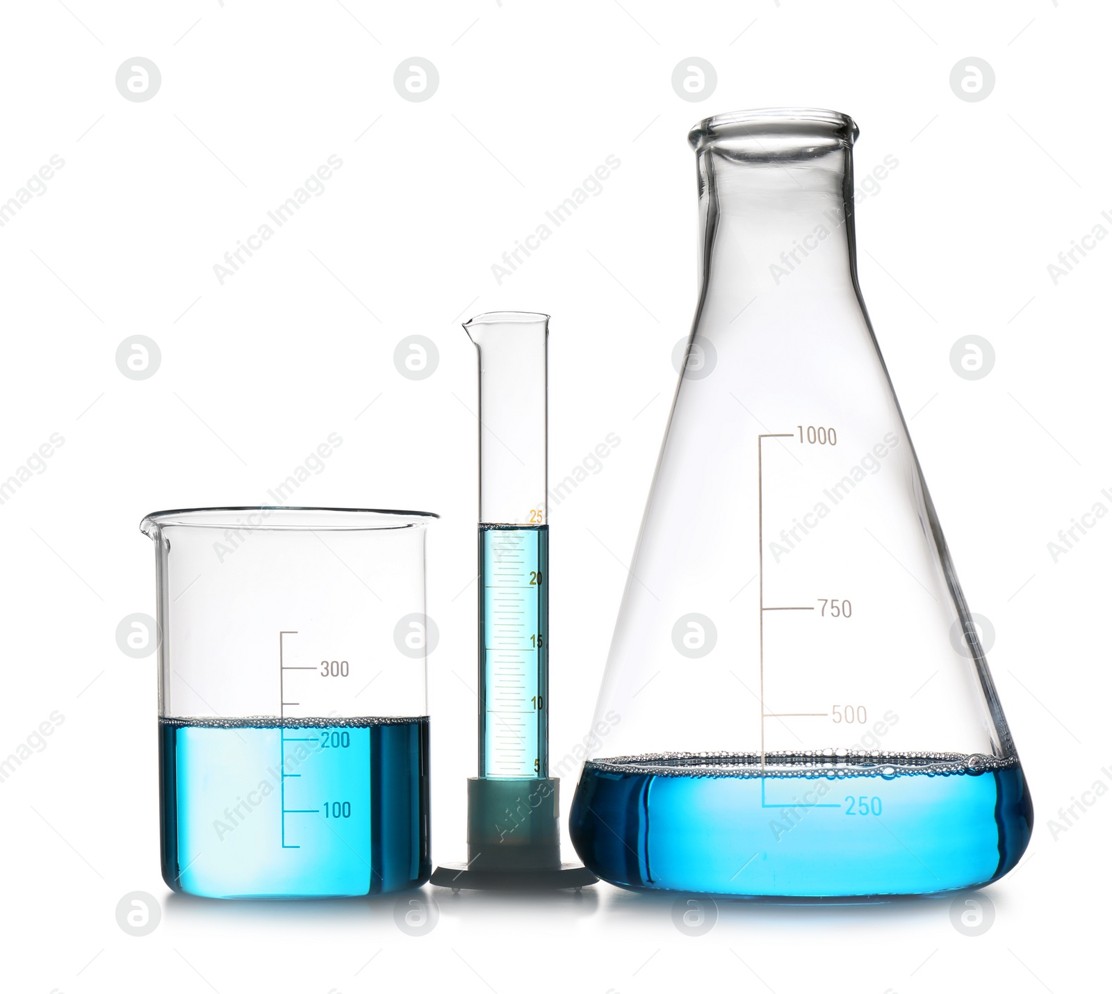 Photo of Chemistry laboratory glassware with samples isolated on white