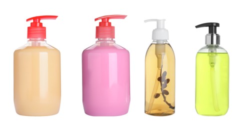 Image of Set with different bottles of liquid soaps on white background