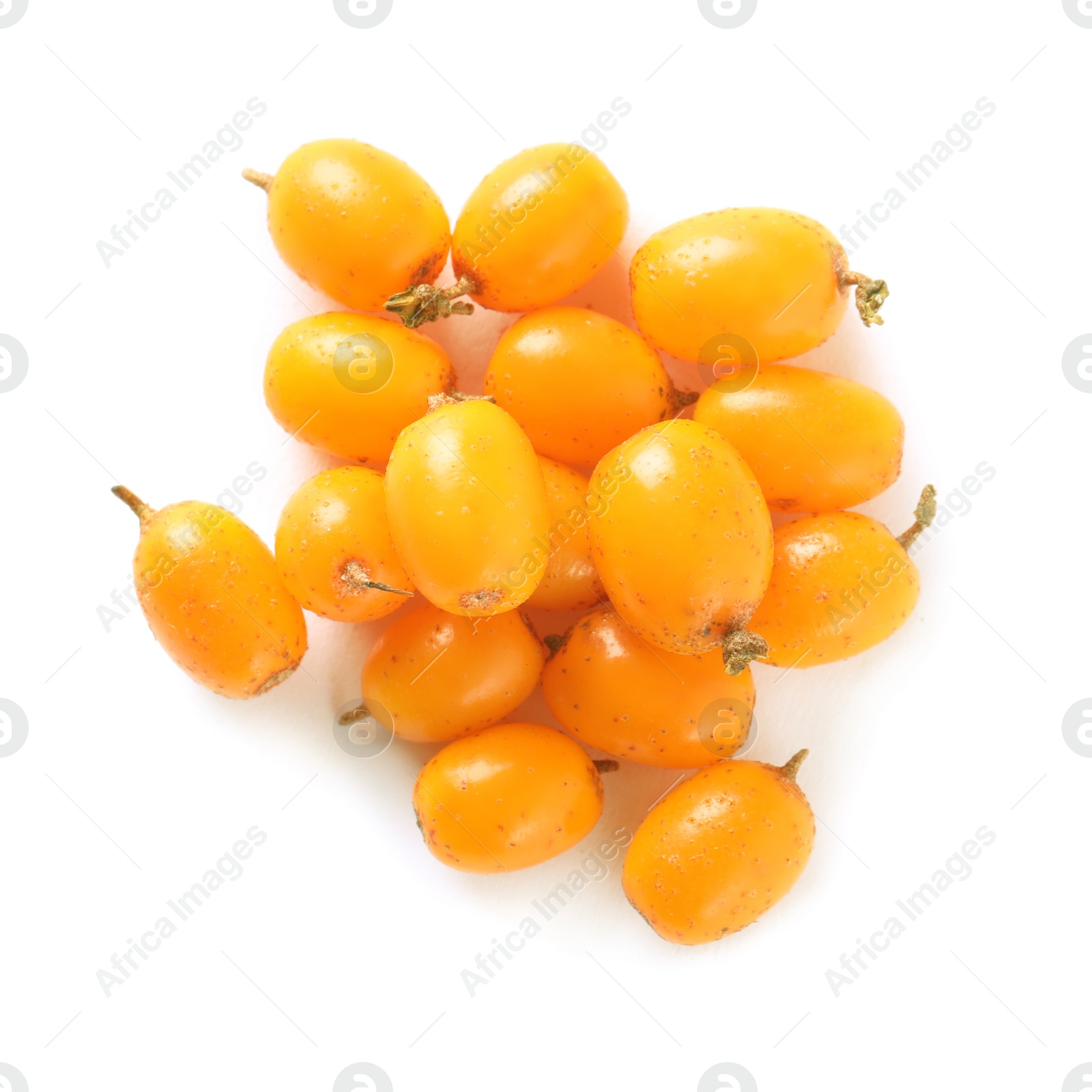 Photo of Fresh ripe sea buckthorn berries on white background, top view