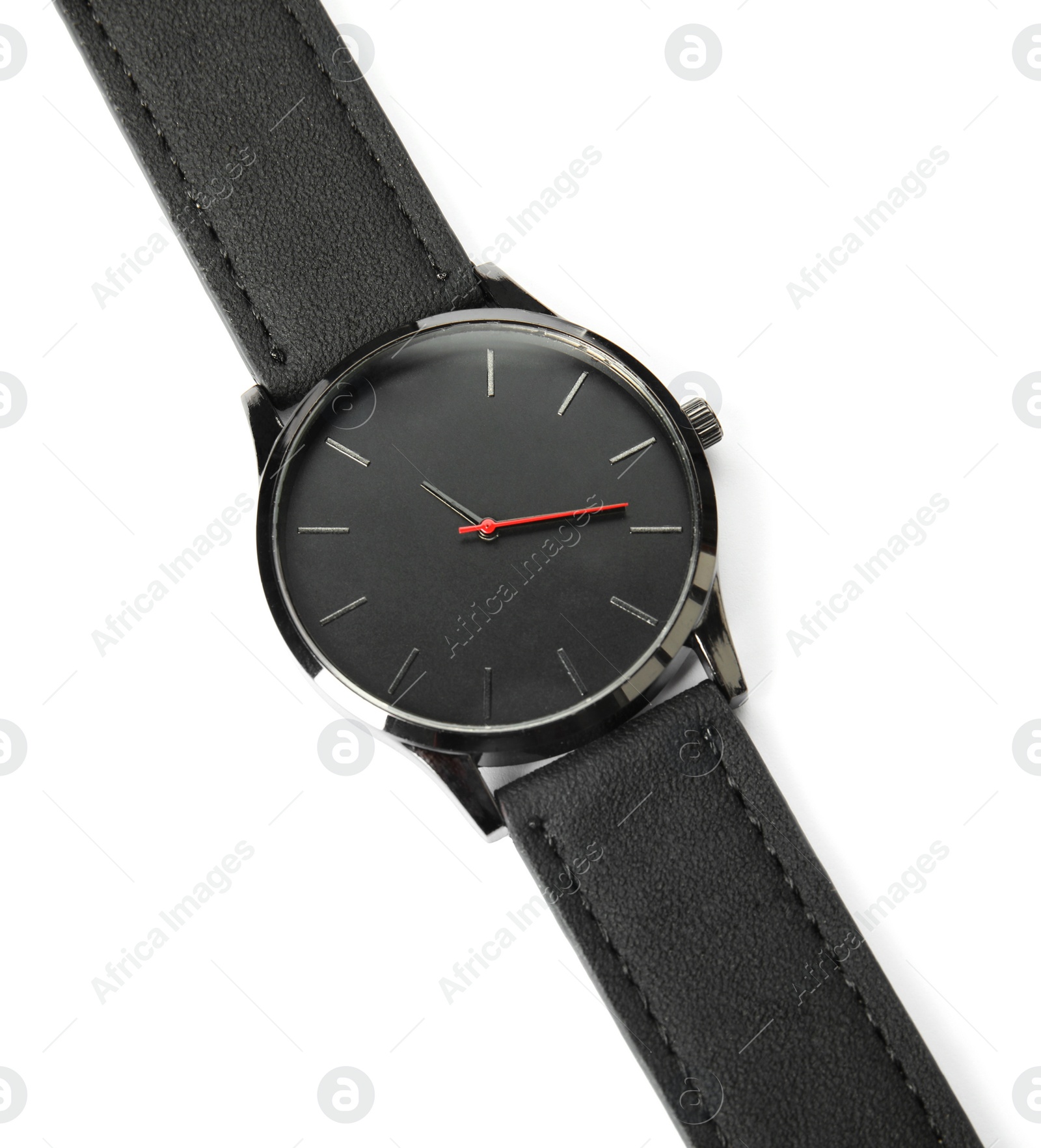 Photo of Stylish wrist watch on white background. Fashion accessory