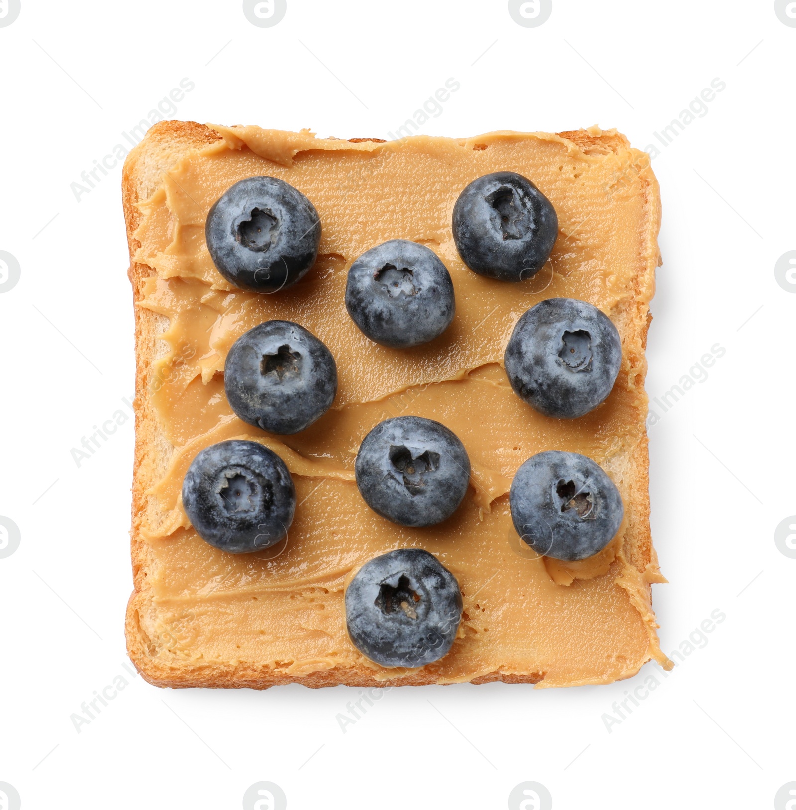 Photo of Tasty peanut butter sandwich with fresh blueberries isolated on white, top view