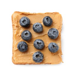 Photo of Tasty peanut butter sandwich with fresh blueberries isolated on white, top view