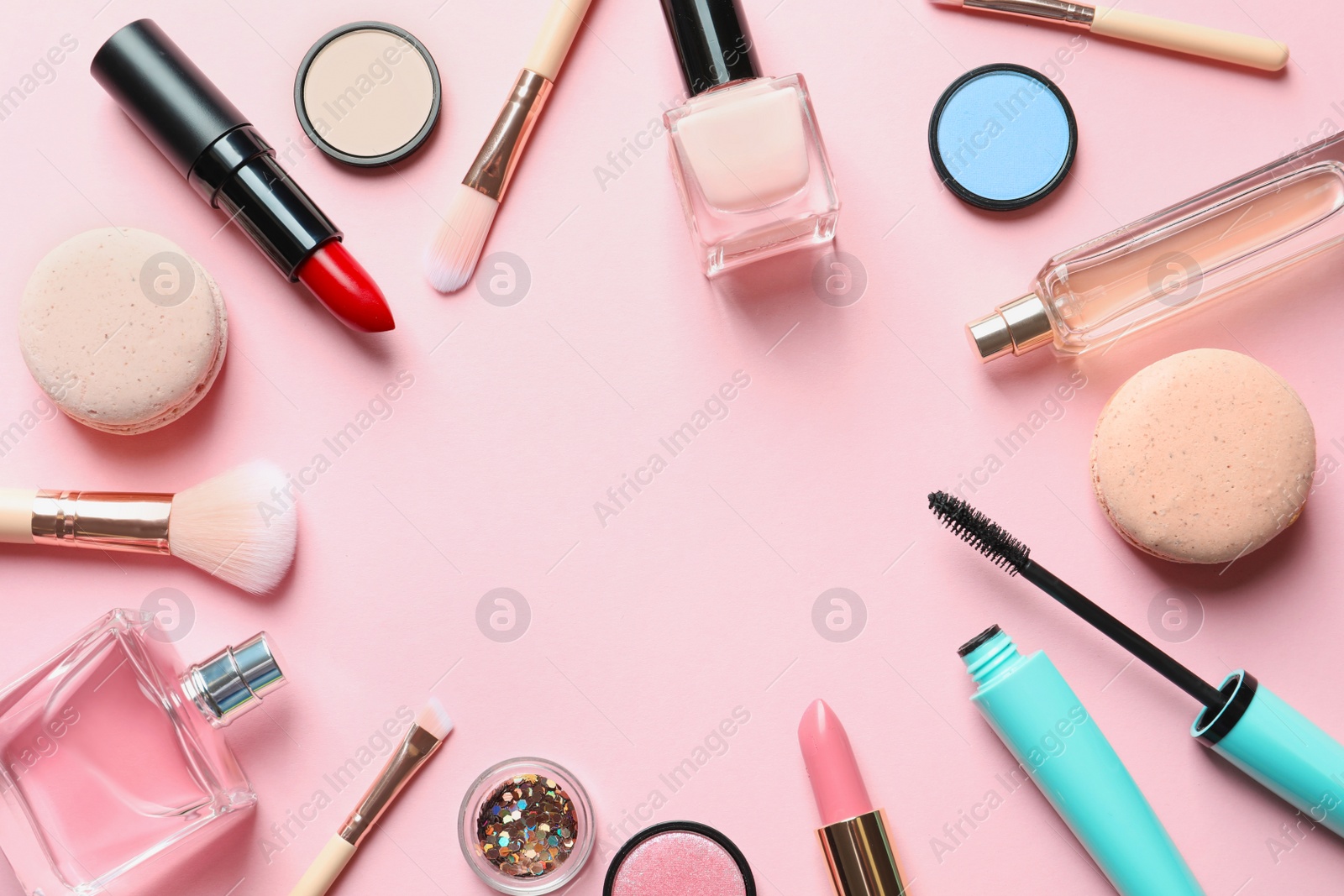 Photo of Flat lay composition with decorative cosmetics on color background