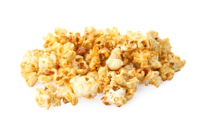 Pile of delicious caramel popcorn on white background