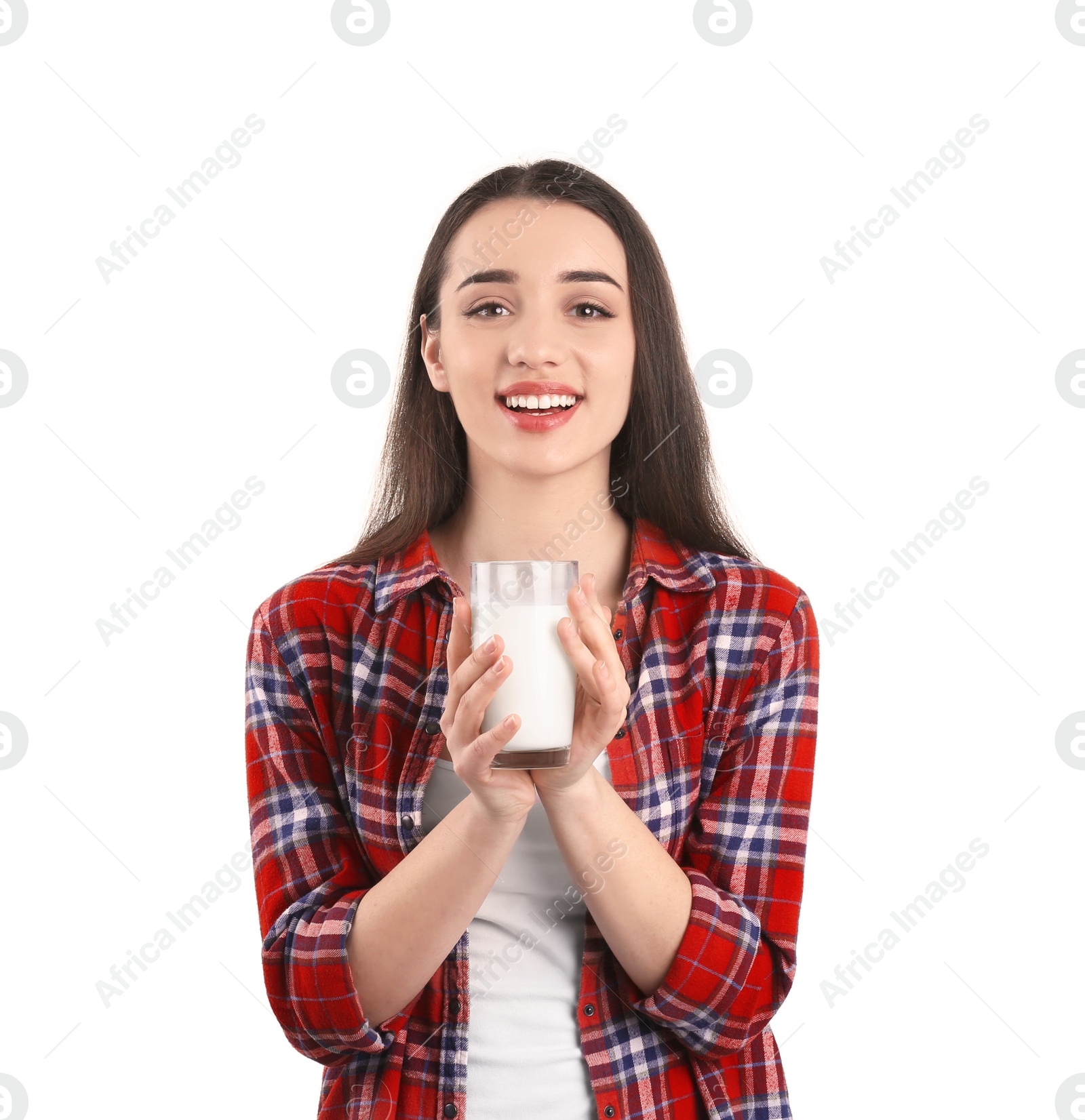 Photo of Beautiful young woman drinking milk on white background