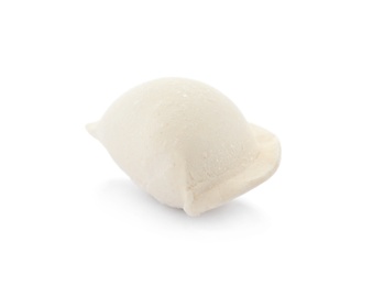 Photo of Raw dumpling with tasty filling on white background