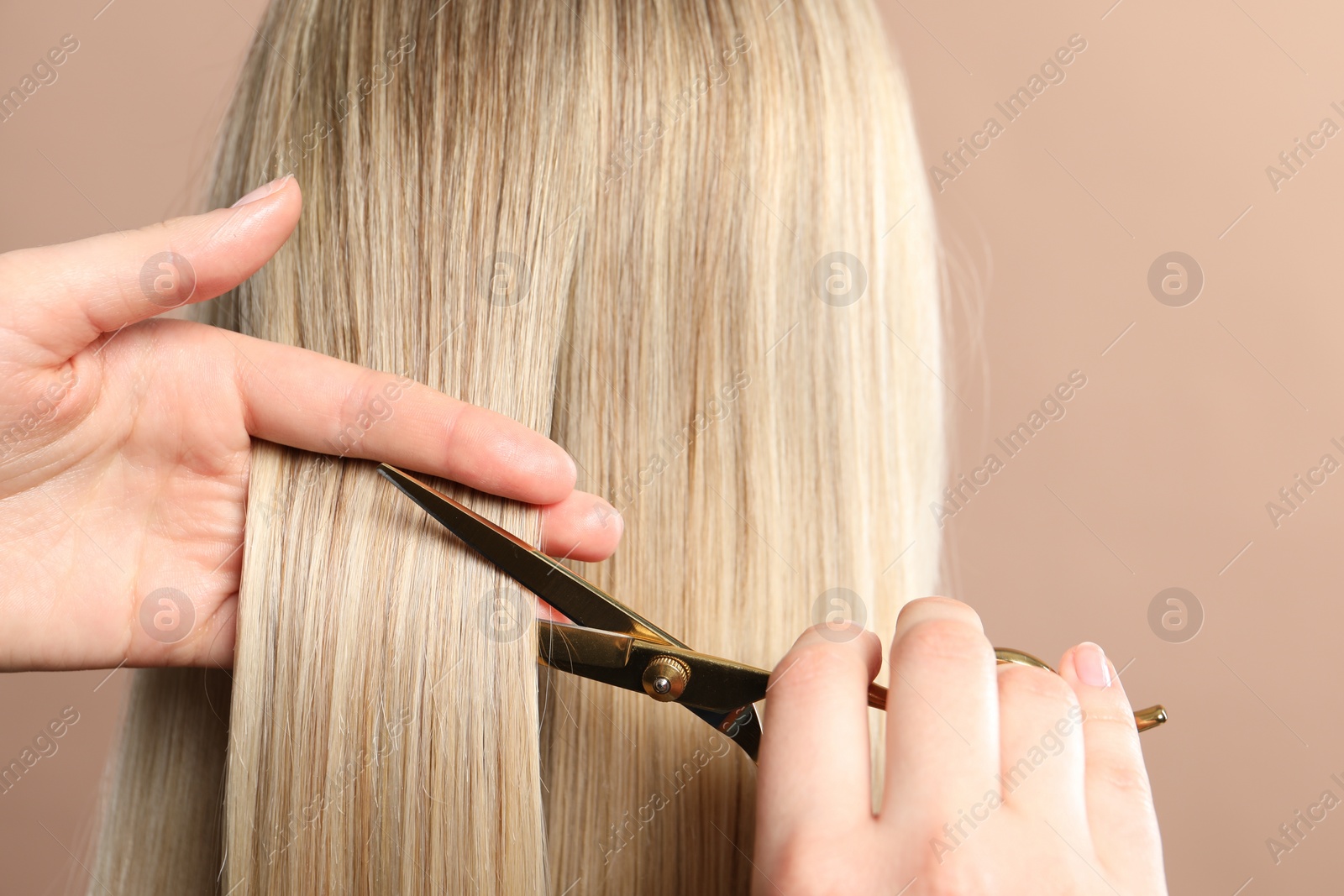 Photo of Hairdresser cutting client's hair with scissors on beige background, closeup