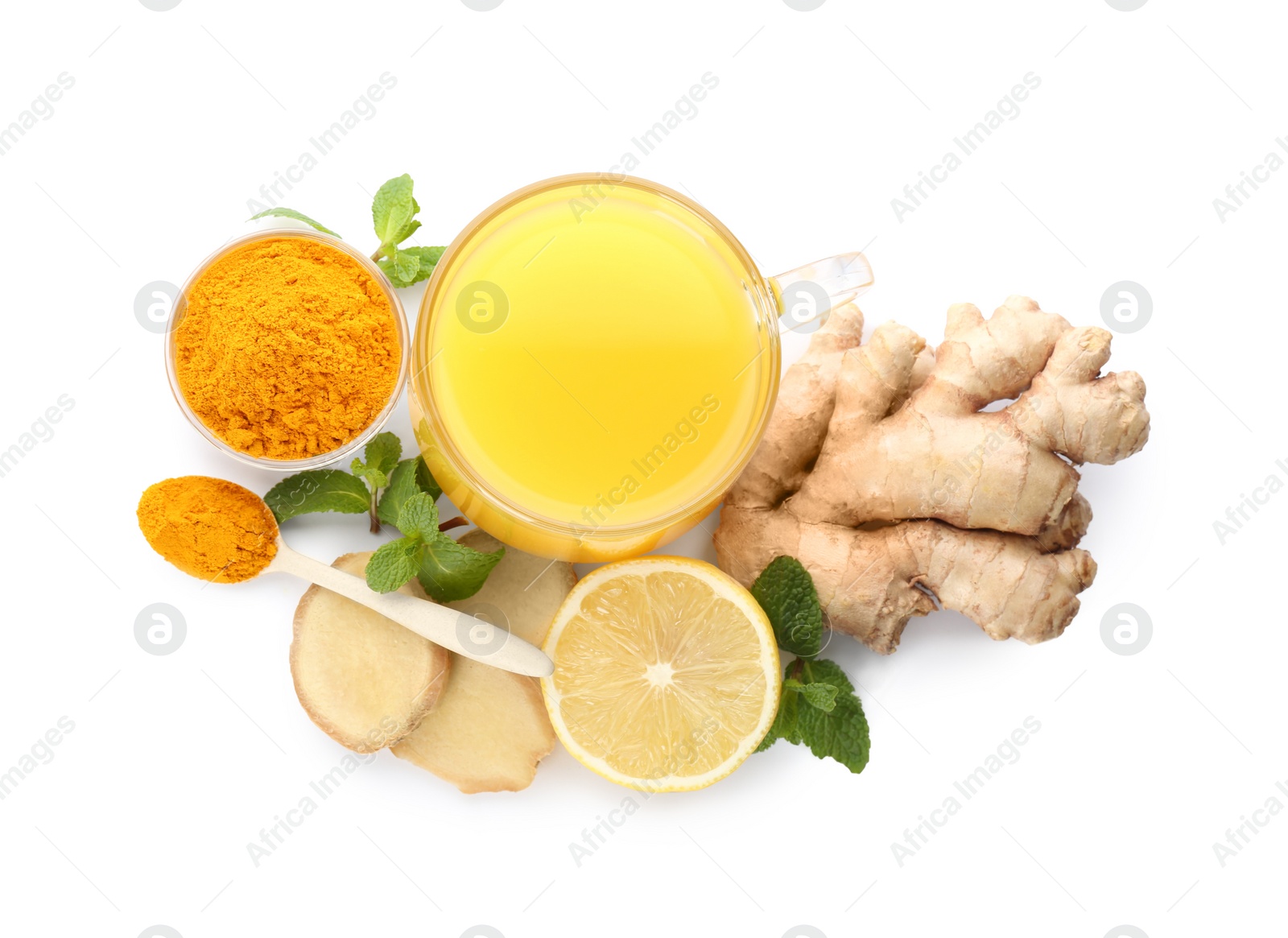 Photo of Immunity boosting drink and ingredients on white background, top view