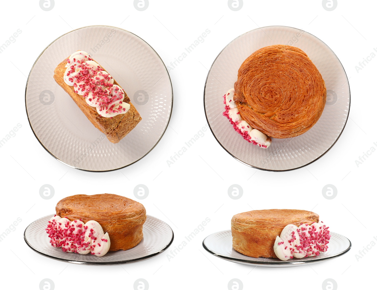 Image of Collection of round croissant isolated on white, top and side views. Puff pastry