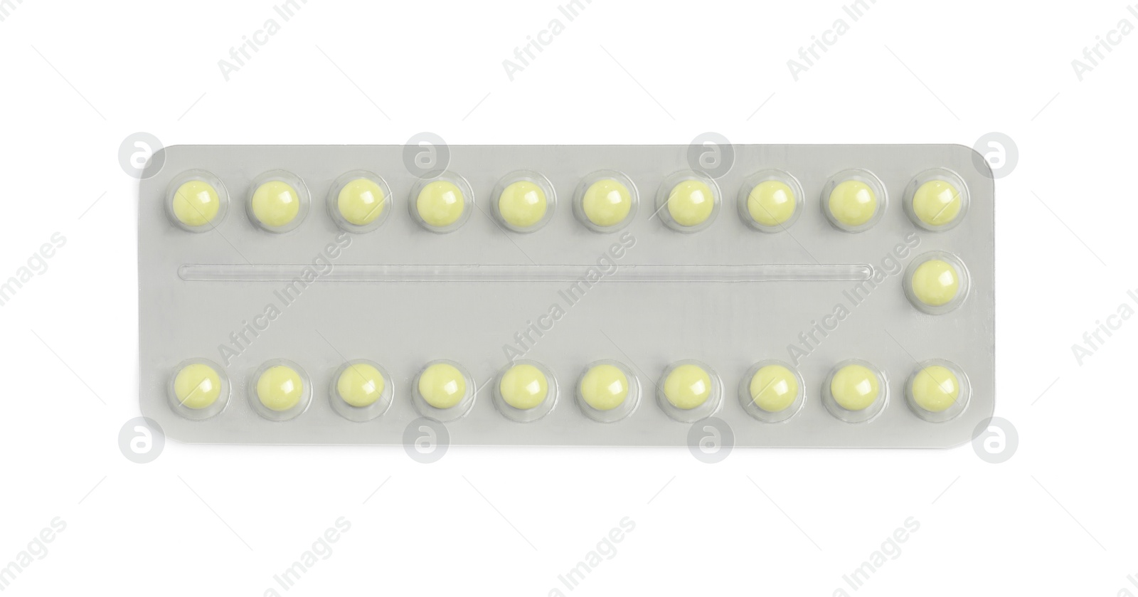 Photo of Blister of oral contraception pills isolated on white, top view