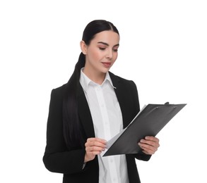 Portrait of beautiful woman with clipboard on white background. Lawyer, businesswoman, accountant or manager