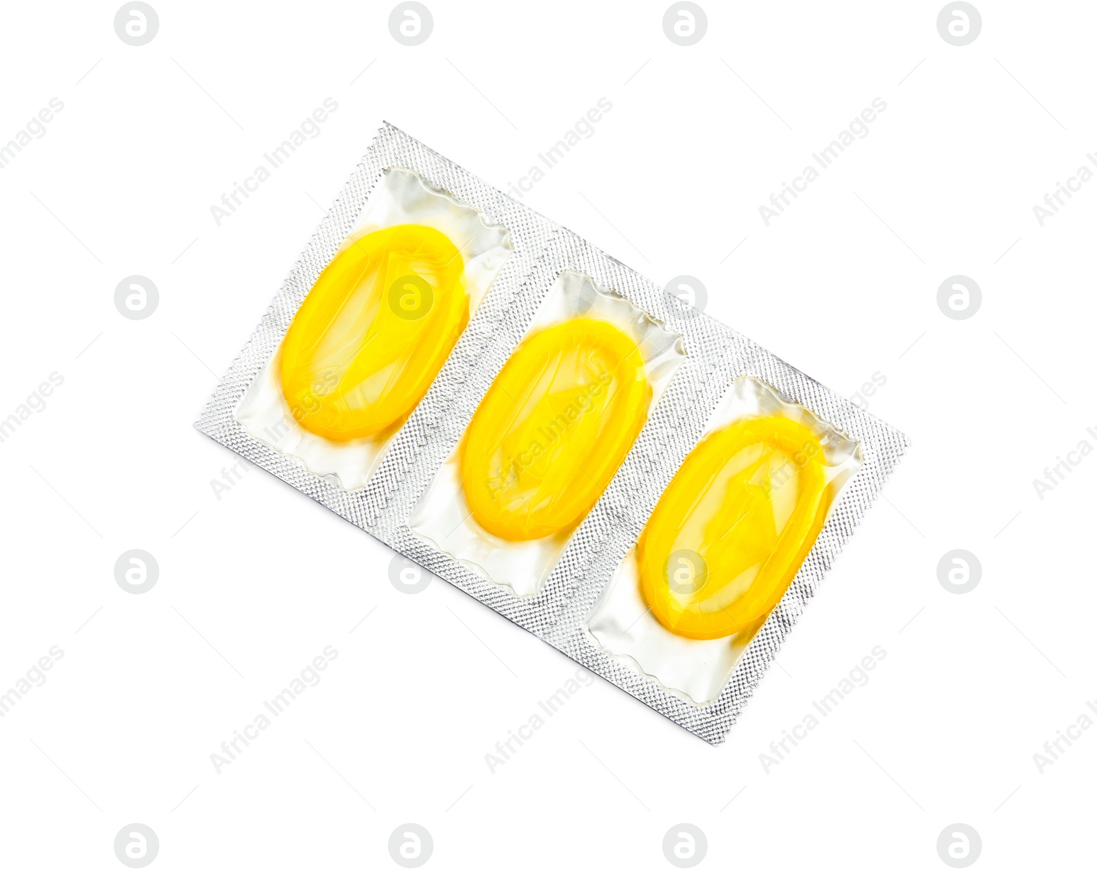 Photo of Condom packages on white background, top view. Safe sex