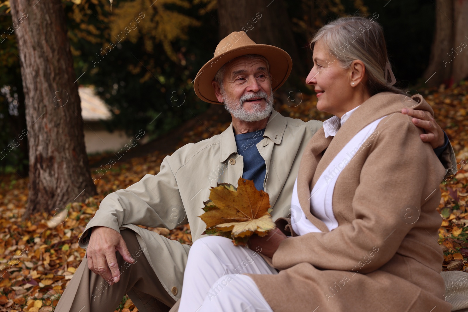 Photo of Affectionate senior couple with dry leaves in autumn park