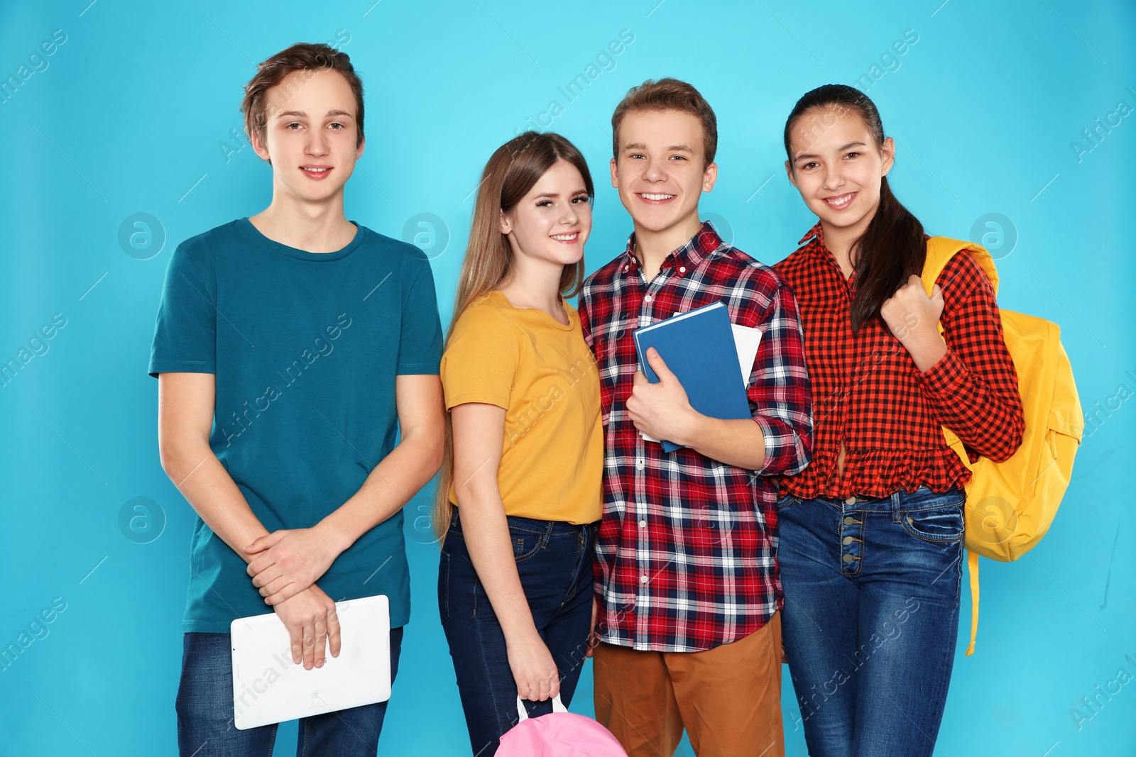 Photo of Group of teenagers on color background. Youth lifestyle and friendship