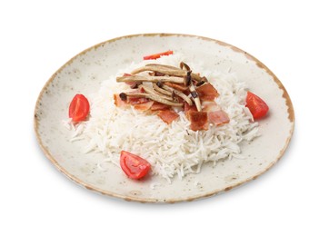 Photo of Delicious rice with bacon, mushrooms and tomatoes isolated on white