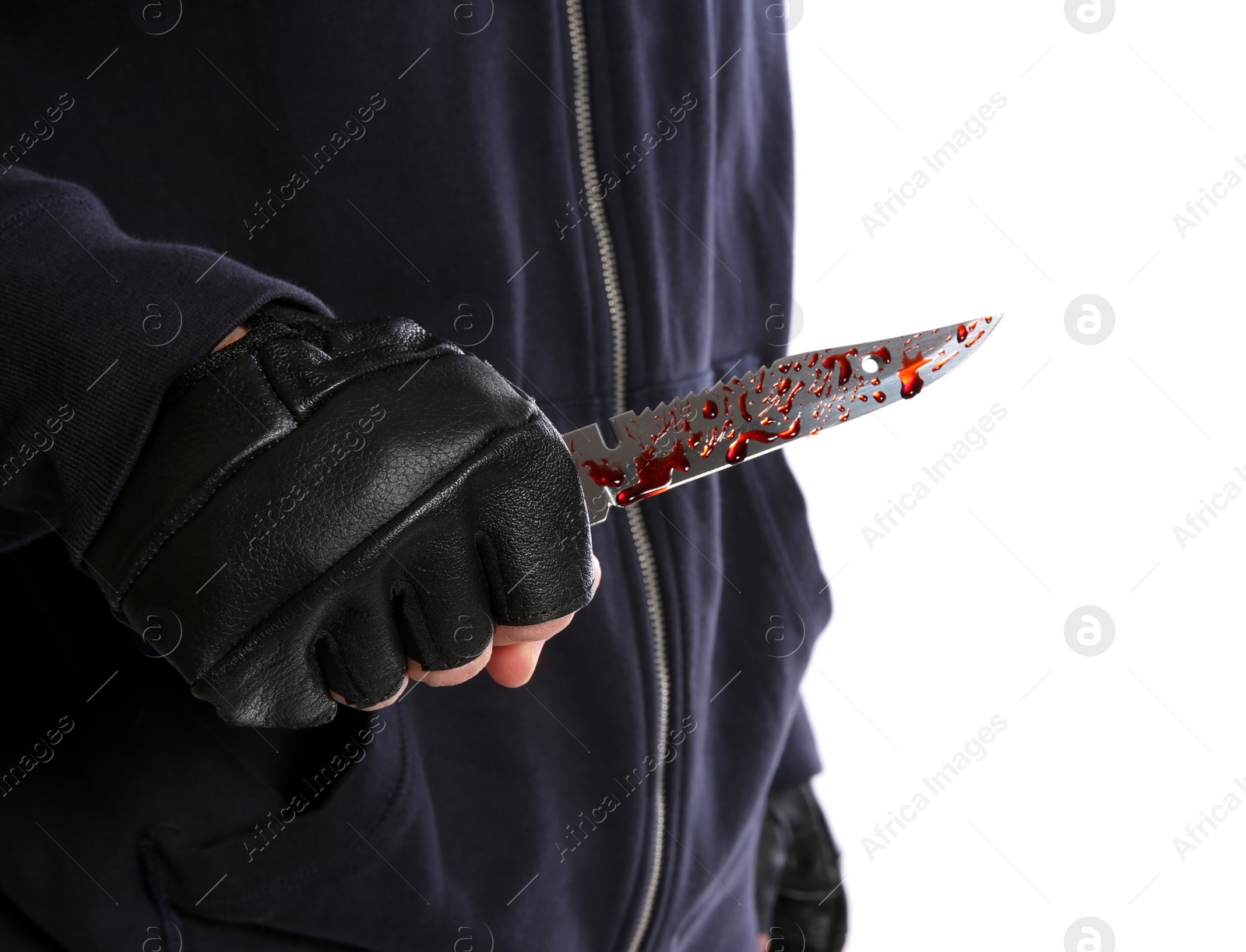 Photo of Man with bloody knife on white background, closeup. Dangerous criminal