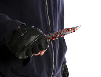 Photo of Man with bloody knife on white background, closeup. Dangerous criminal