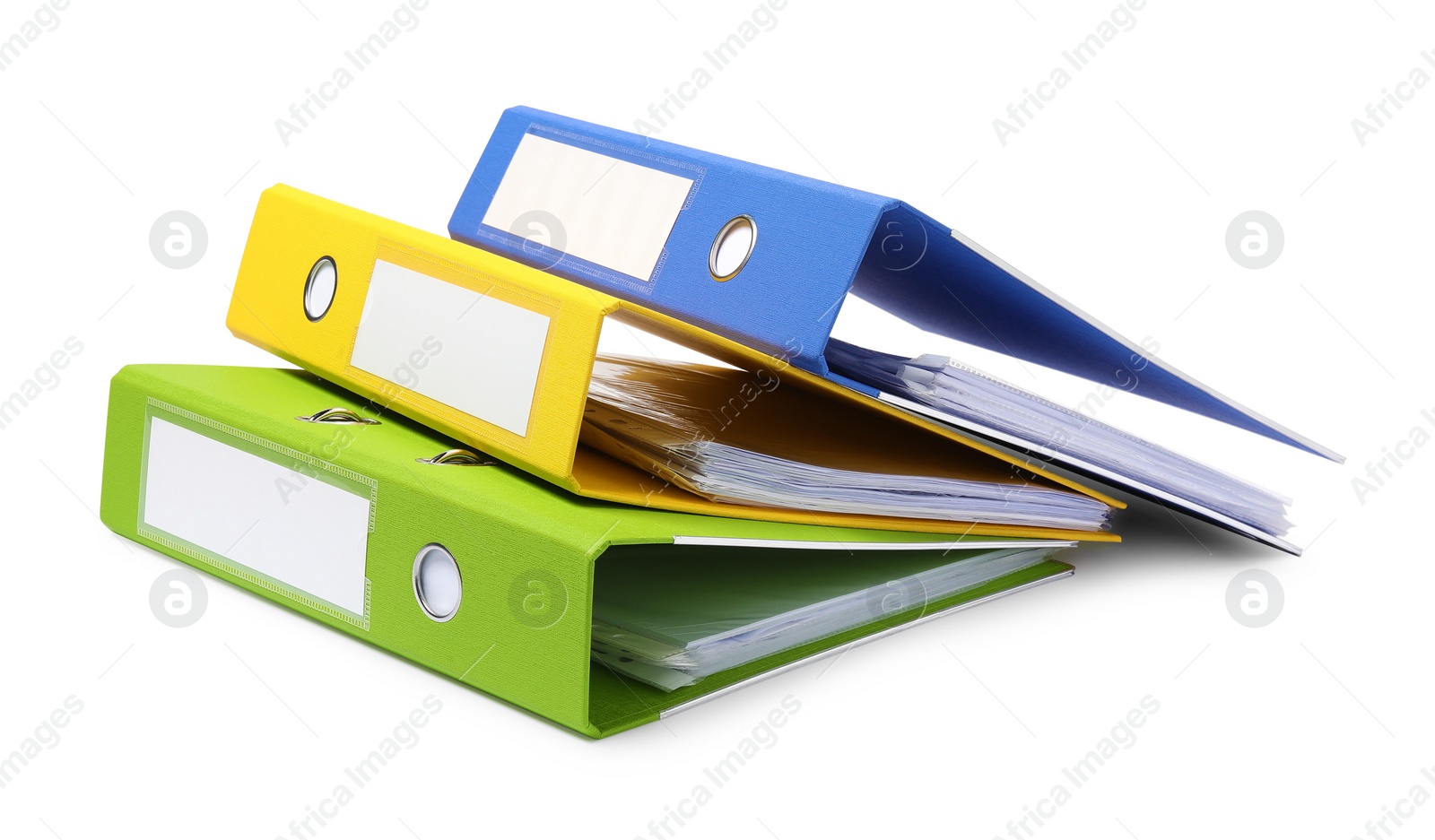 Photo of Many bright office folders isolated on white