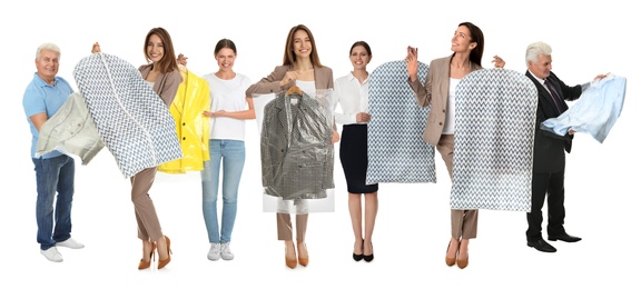 Collage with photos of people holding clothes in plastic bags on white background. Dry-cleaning service