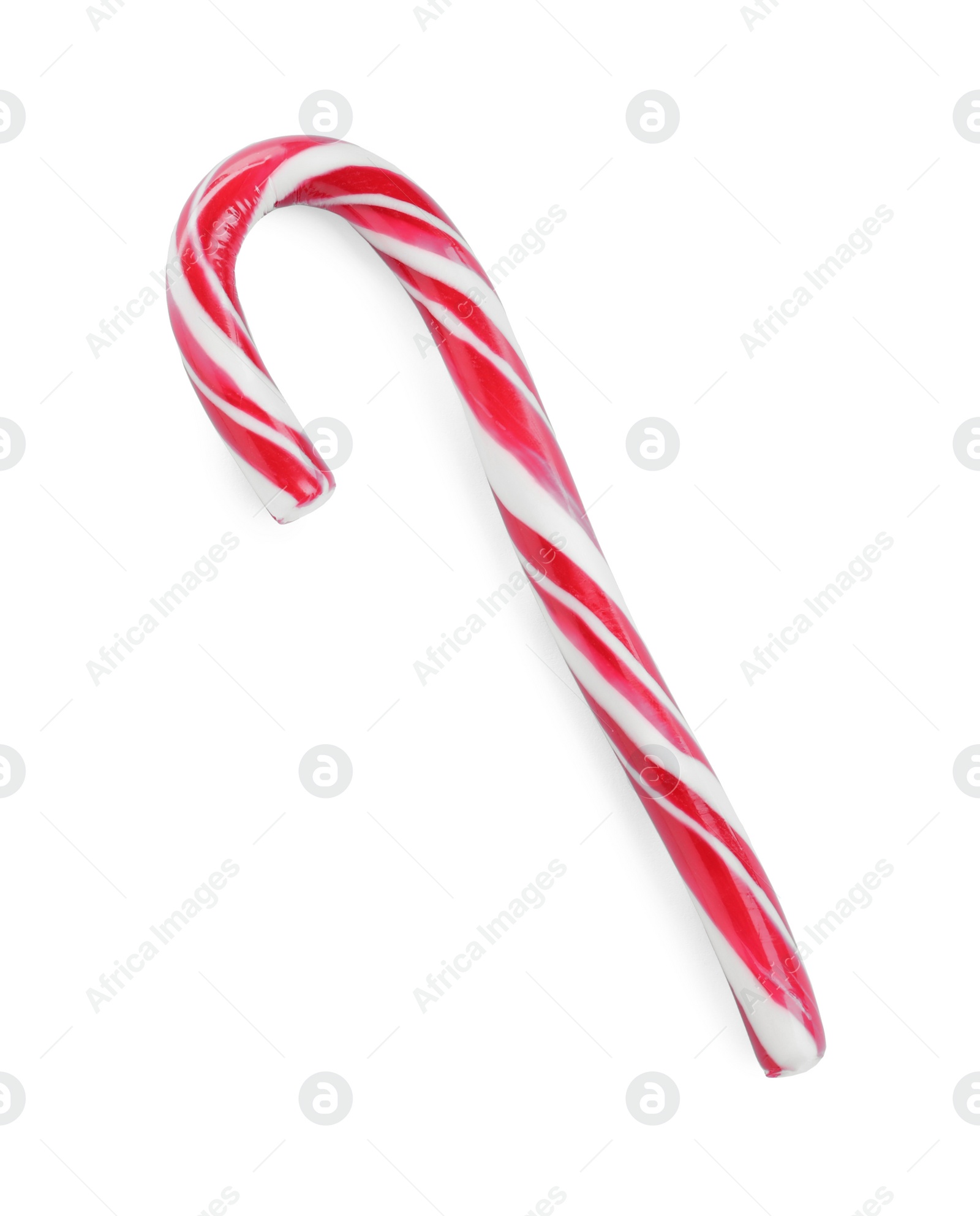 Photo of Sweet Christmas candy cane isolated on white, top view