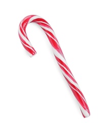 Photo of Sweet Christmas candy cane isolated on white, top view