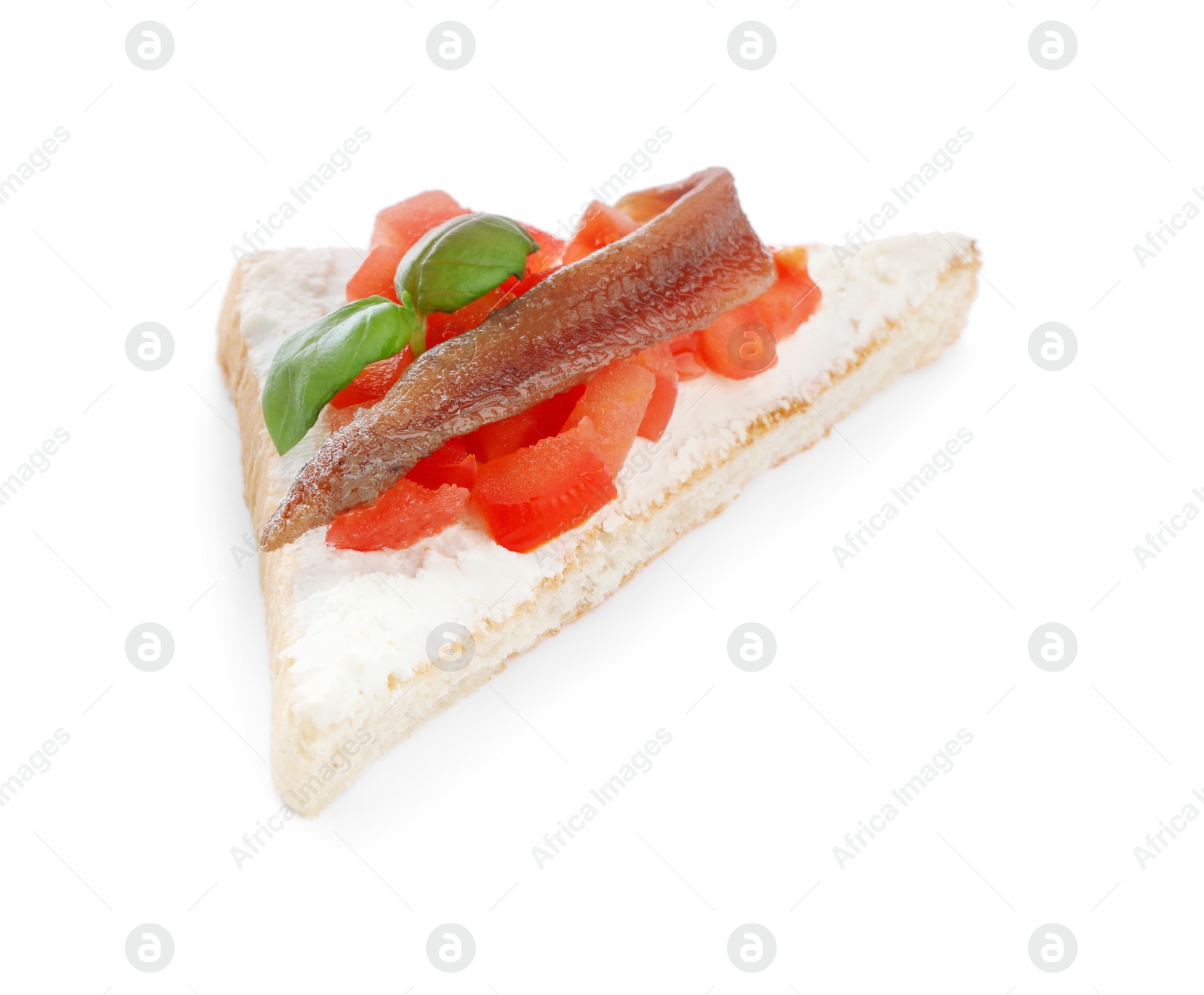 Photo of Delicious sandwich with cream cheese, anchovy, tomatoes and basil on white background