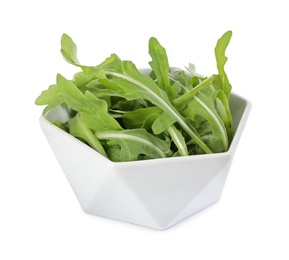 Delicious fresh arugula in bowl isolated on white