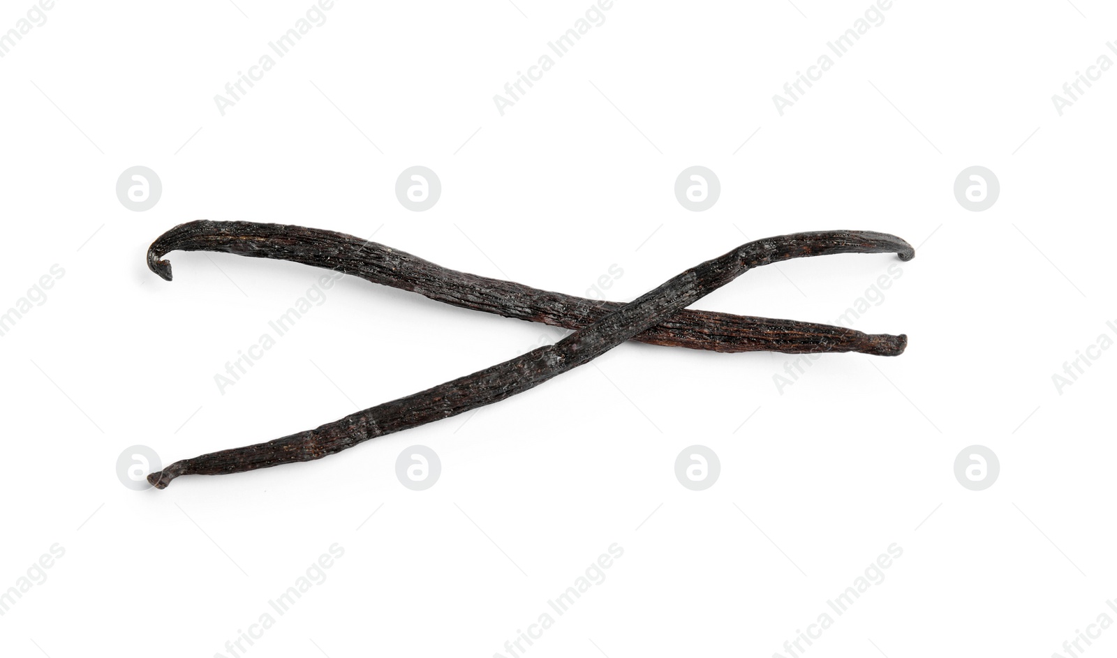 Photo of Dried aromatic vanilla sticks on white background, top view