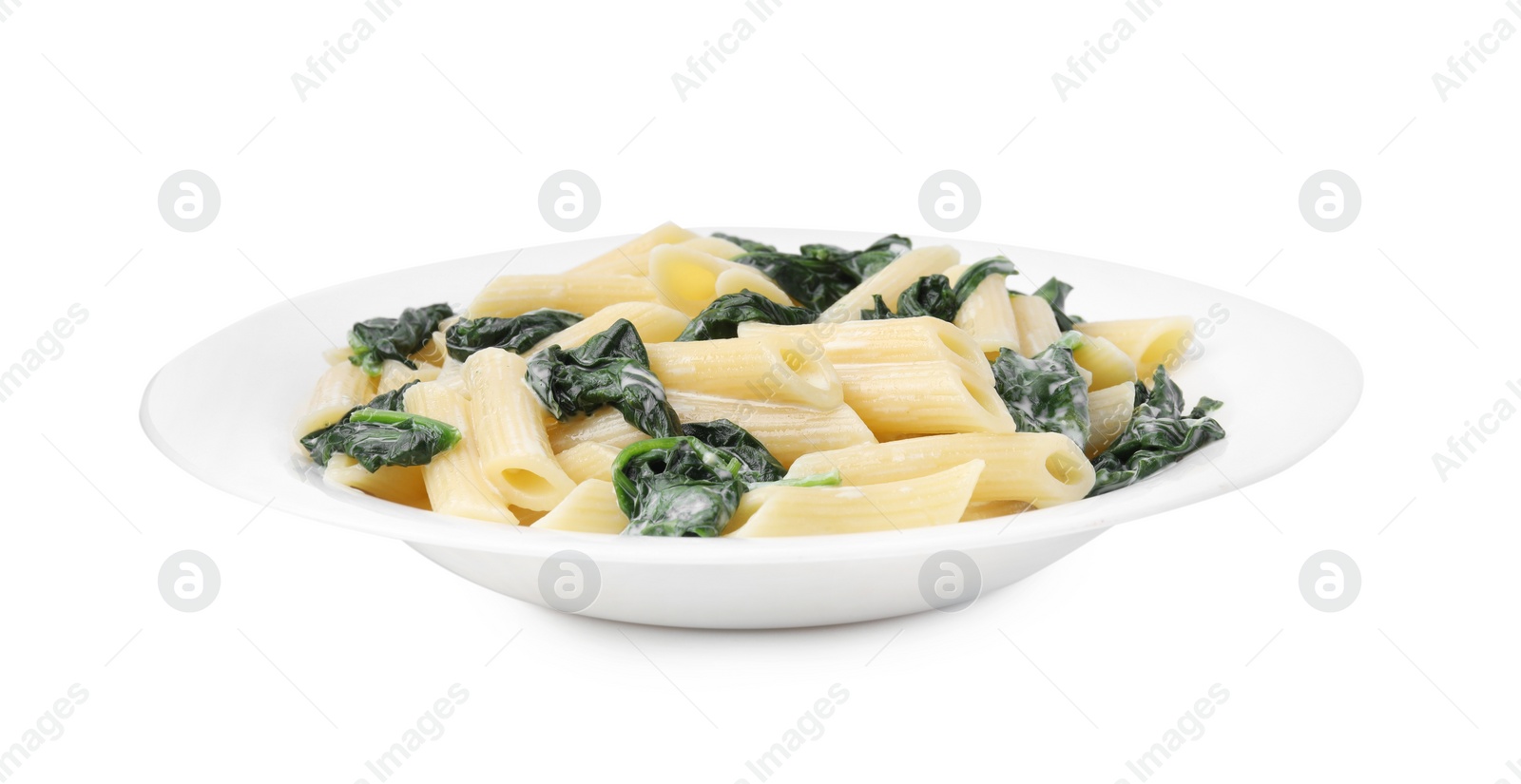 Photo of Tasty pasta with spinach and sauce isolated on white