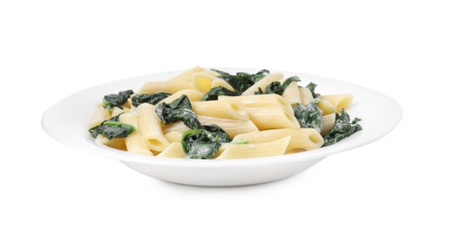 Tasty pasta with spinach and sauce isolated on white