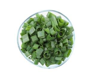Chopped fresh green onion in bowl isolated on white, top view