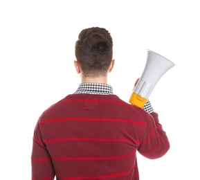 Photo of Young man with megaphone on white background