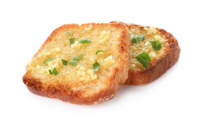 Photo of Slices of toasted bread with garlic and herb on white background