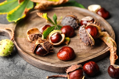 Horse chestnuts on grey table, closeup view