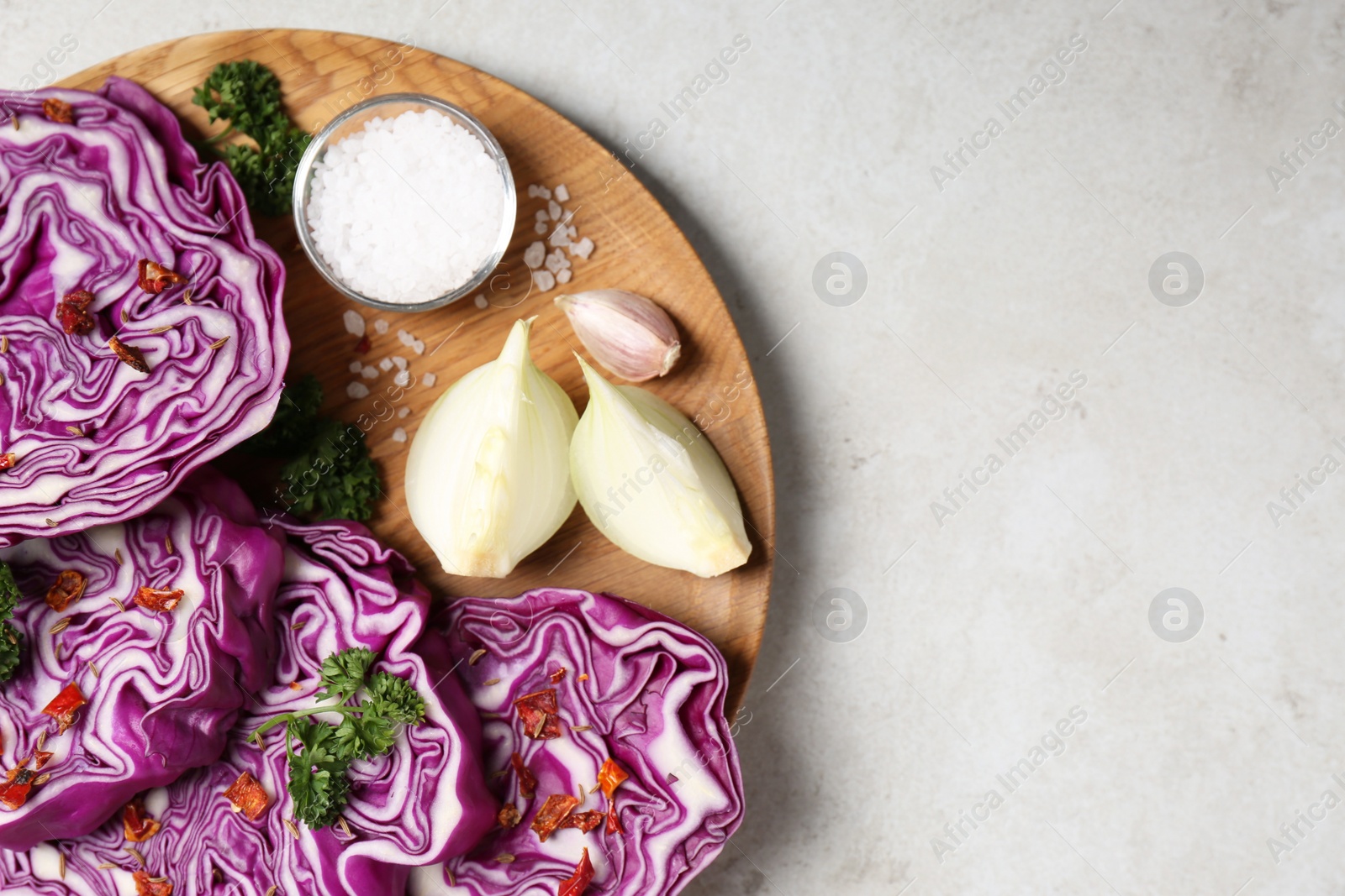 Photo of Fresh red cabbage, salt, garlic and onion on light grey table, top view. Space for text