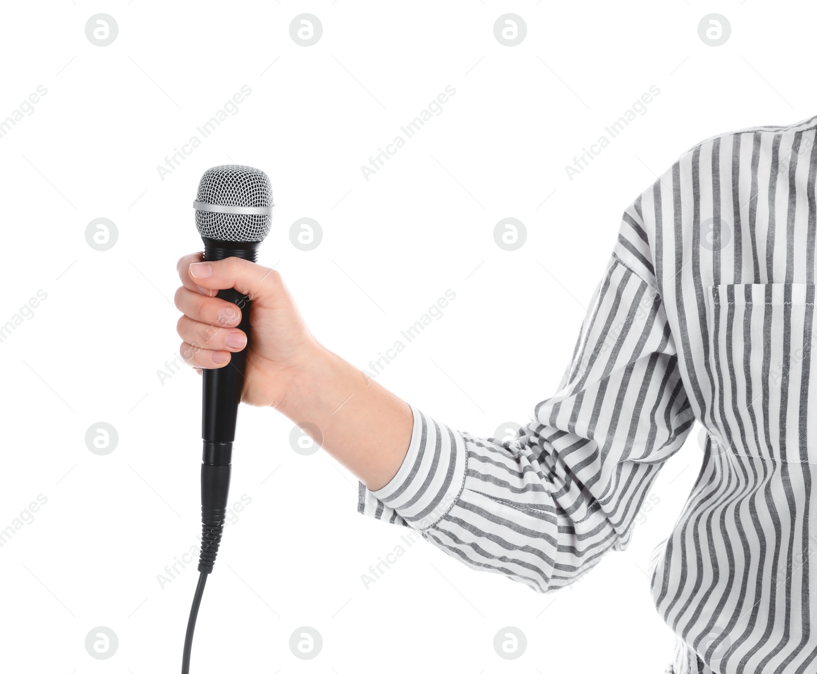 Photo of Young woman holding microphone on white background, closeup