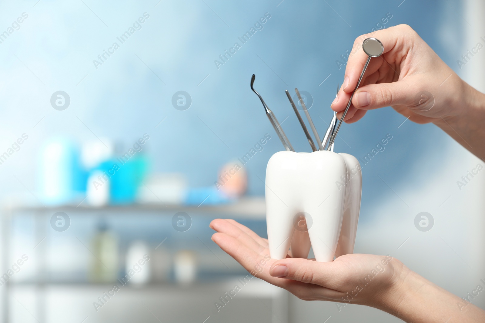 Photo of Dentist putting professional tool into tooth shaped holder in clinic, closeup. Space for text