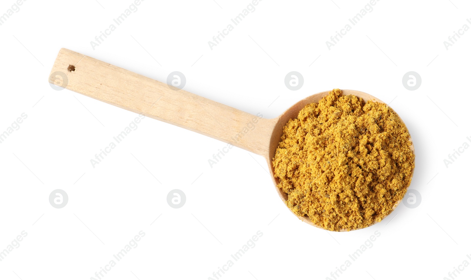 Photo of Spoon with dry curry powder isolated on white, top view